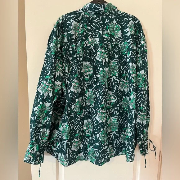 Lane Bryant Green & White Button Down Cotton Blouse with Tie Sleeves 26/28 - Picture 5 of 16